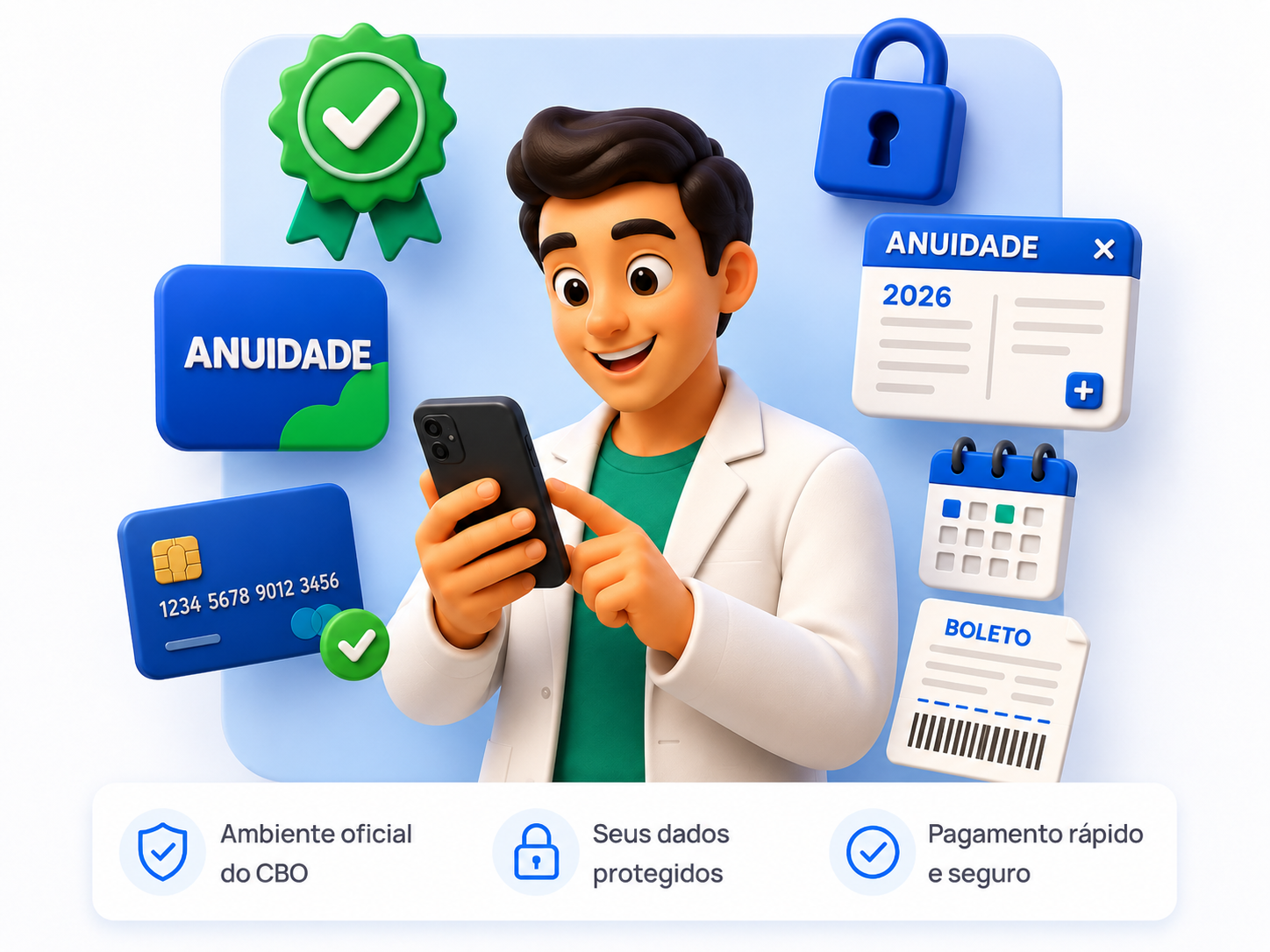 Médico consultando e pagando sua anuidade CBO pelo celular, com selos de segurança, cartão e boleto